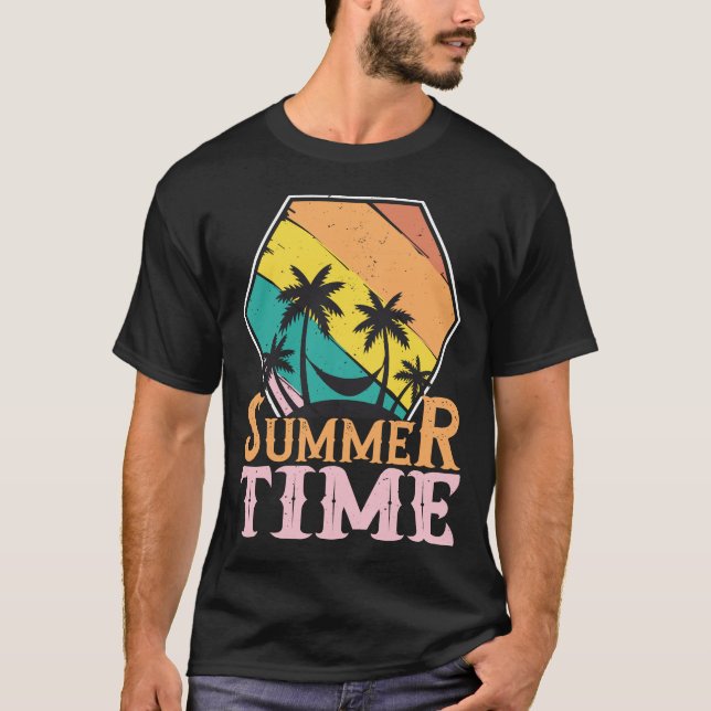Summer Time, Beach, Hammock, & Palm Trees T-Shirt (Front)