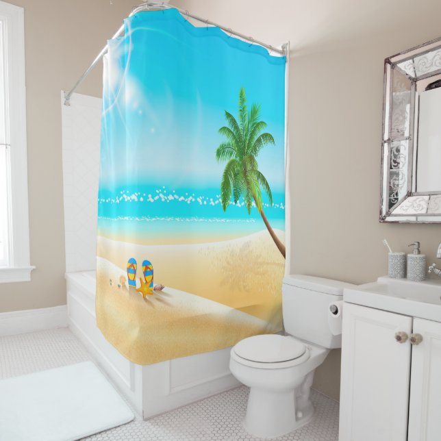 SUMMER TIME. BEACH, PALM TREE AND FLIP FLOPS. SHOWER CURTAIN (In Situ)
