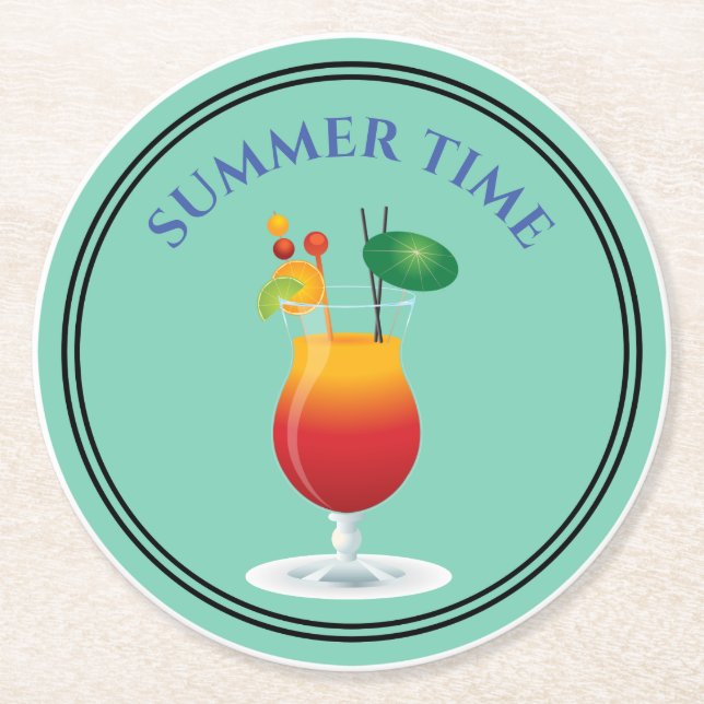 Summer Time Cocktail Drinks Alcohol Beach Bar Roun Round Paper Coaster (Front)