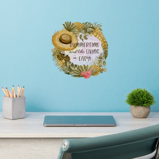 Summer time Straw Hat Floral Wreath  Wall Decal (Home Office 2)