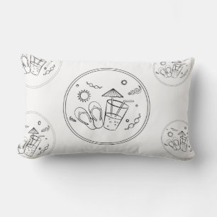 Summer Time Vibes of Sun & Vacation, Sketched Art Lumbar Pillow