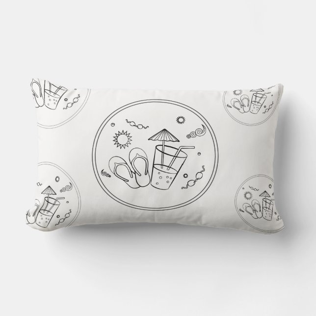 Summer Time Vibes of Sun & Vacation, Sketched Art Lumbar Pillow (Front)