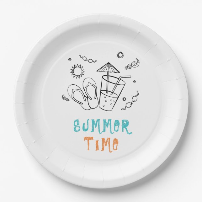 Summer Time Vibes of Sun & Vacation, Sketched Art Paper Plates (Front)