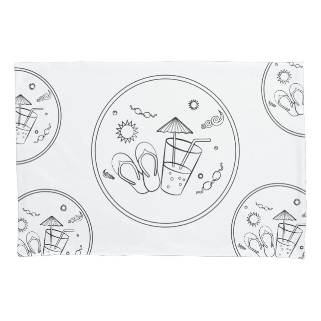 Summer Time Vibes of Sun & Vacation, Sketched Art Pillow Case (Front)