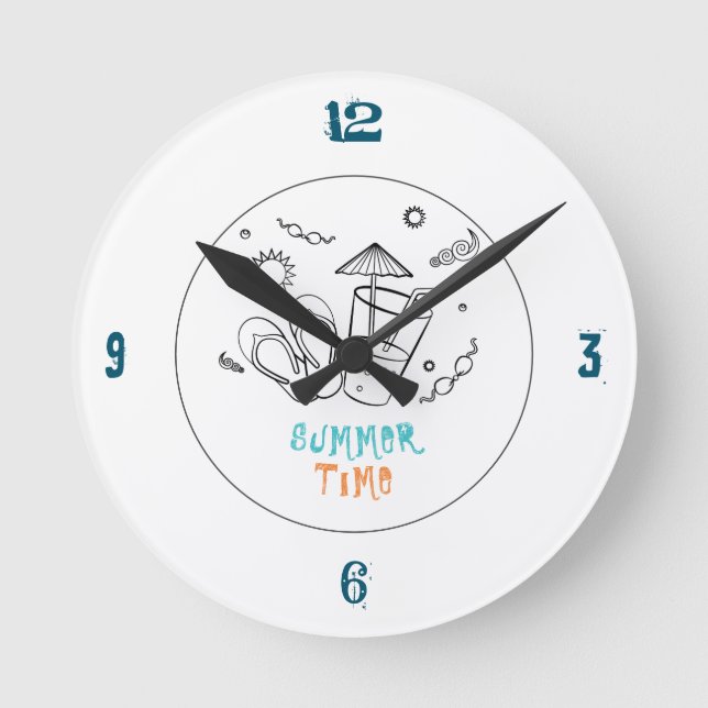 Summer Time Vibes of Sun & Vacation, Sketched Art Round Clock (Front)