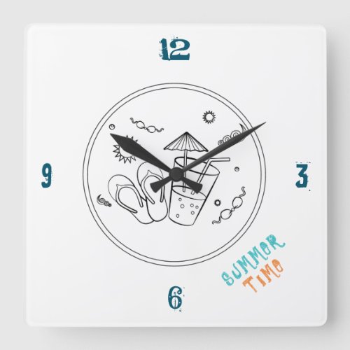 Summer Time Vibes of Sun  Vacation Sketched Art Square Wall Clock