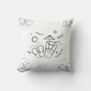 Summer Time Vibes of Sun & Vacation, Sketched Art Throw Pillow