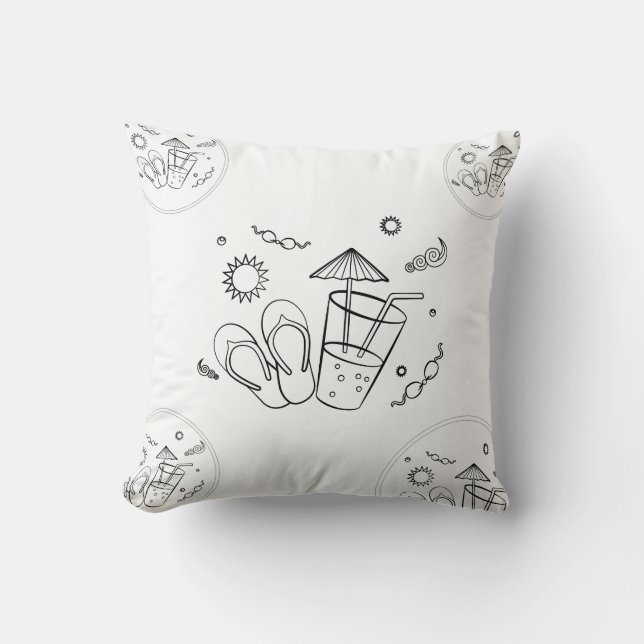Summer Time Vibes of Sun & Vacation, Sketched Art Throw Pillow (Front)