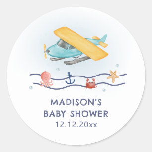 Summer Travel Adventure Sea Airplane Baby Shower Classic Round Sticker