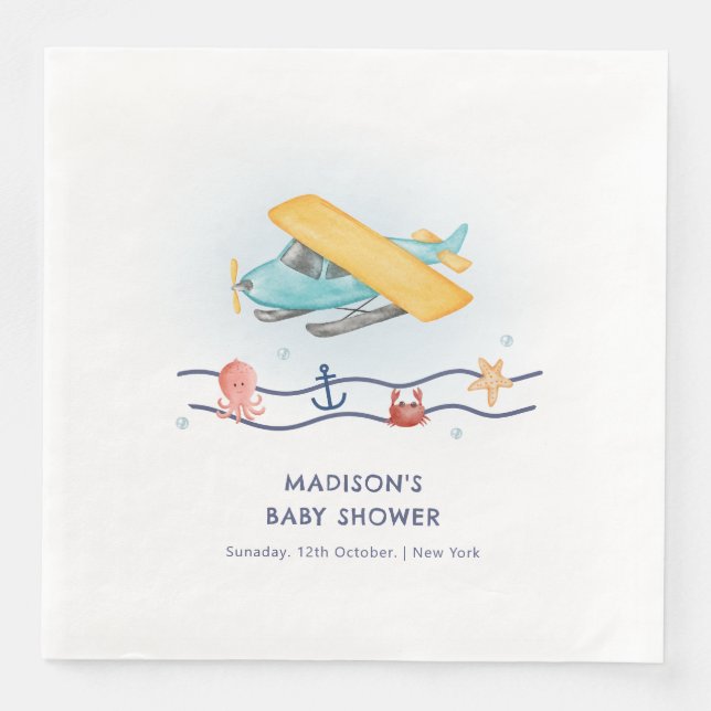 Summer Travel Adventure Sea Airplane Baby Shower Paper Dinner Napkins (Front)