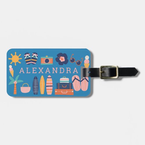 Summer Travel Theme Cute Blue Personalized   Luggage Tag