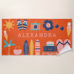 Summer Travel Theme Cute Orange Personalized  Beach Towel