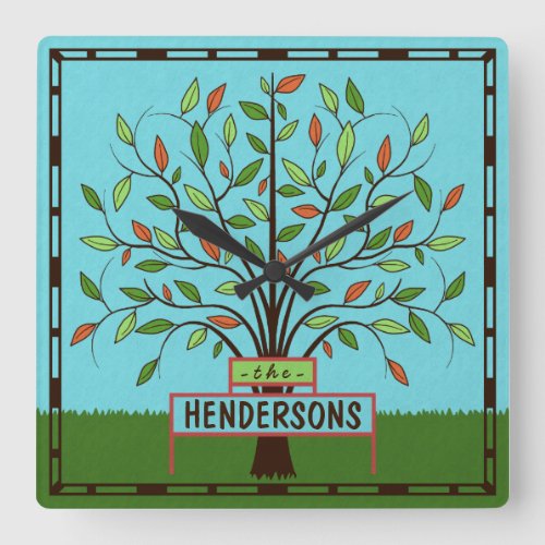 Summer Tree Leaves Pretty with Personalized Name Square Wall Clock
