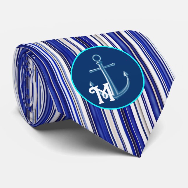 Summer Trendy Navy Blue Boat Stripes Collection Neck Tie (Rolled)