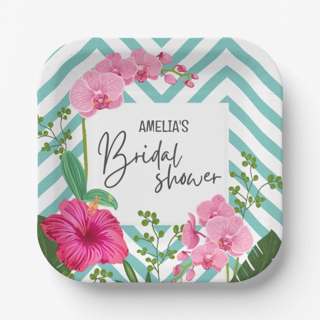 Summer tropical beach floral Bridal shower Paper Plates (Front)