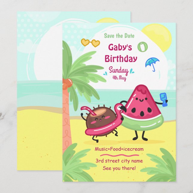 Summer Tropical Beach Party Birthday   Invitation (Front/Back)