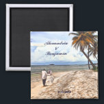 Summer Tropical Beach Wedding Watercolor Custom Magnet<br><div class="desc">Summer Tropical Beach Wedding Watercolor Magnets has a beautiful wedding couple enjoying a romantic walk on the beach with the palm trees,  blue sea water and sky.  Photograph of wedding couple copyright Denise Bennerson,  photographer taken on the beautiful beach in St. Croix US Virgin Islands.</div>