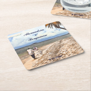 Summer Tropical Beach Wedding Watercolor Custom Square Paper Coaster