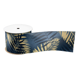 Summer Tropical Blue Palm Leaves Gold Navy Exotic Satin Ribbon