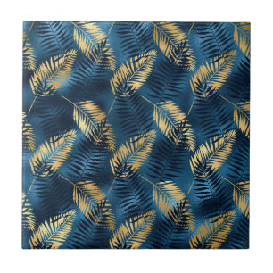 Summer Tropical Blue Palm Leaves Pattern Ceramic Tile