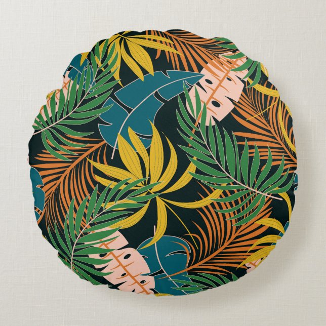 Summer Tropical Bright Plants Pattern Round Pillow (Front)