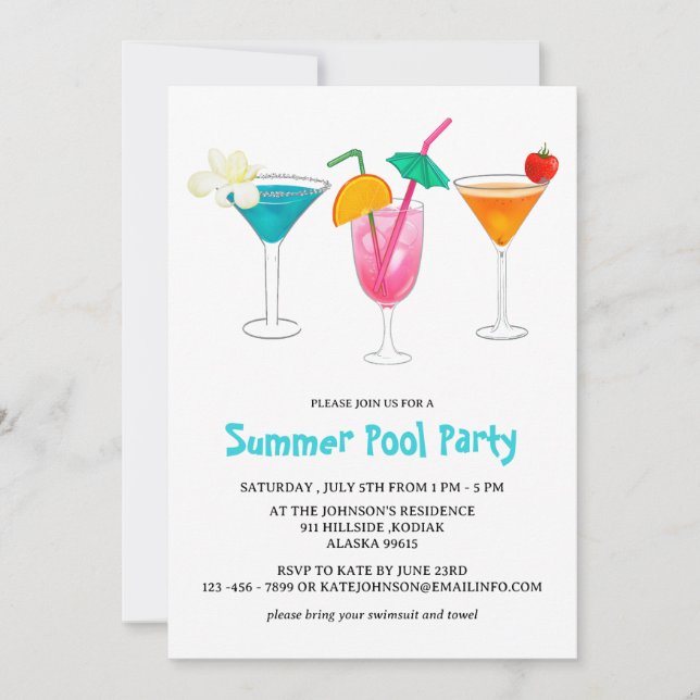 Summer Tropical Cocktail Adult Pool Party  Invitation (Front)