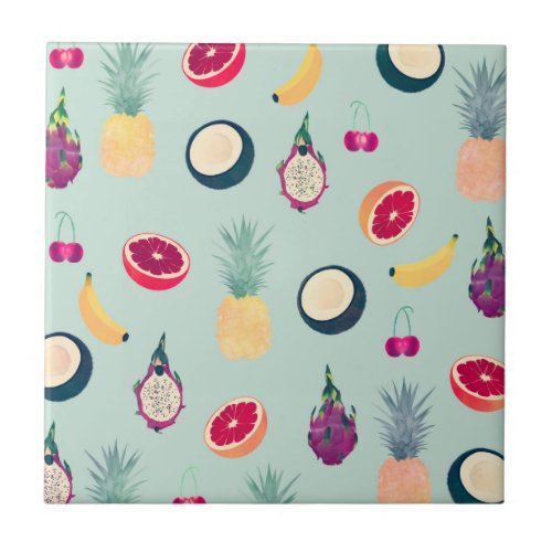 Summer Tropical Colorful Fruits Mint Ceramic Tile