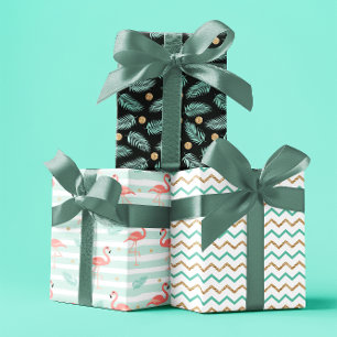 Summer tropical Flamingo blue gold set of 3 Wrapping Paper Sheets
