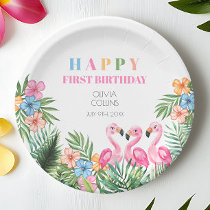 Summer Tropical Flamingo Happy 1st Birthday Party Paper Plates
