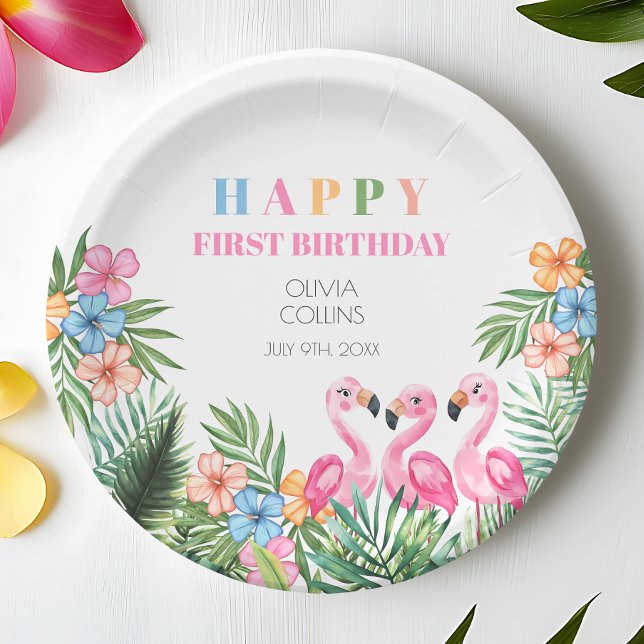 Summer Tropical Flamingo Happy 1st Birthday Party Paper Plates (Summer Tropical Flamingo Happy 1st Birthday Party Paper Plates)