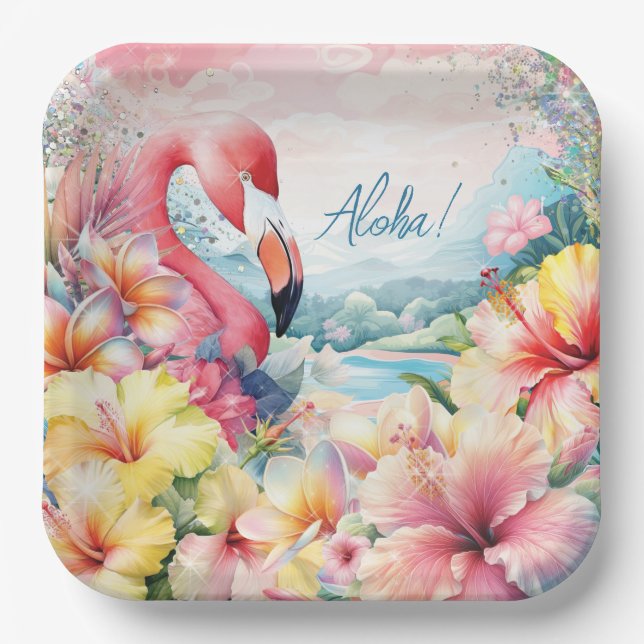 Summer Tropical Flamingo Luau Plate Design (Front)