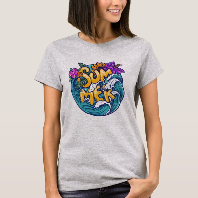 Summer Tropical Flowers Beach Ocean Waves Bright  T-Shirt (Front)