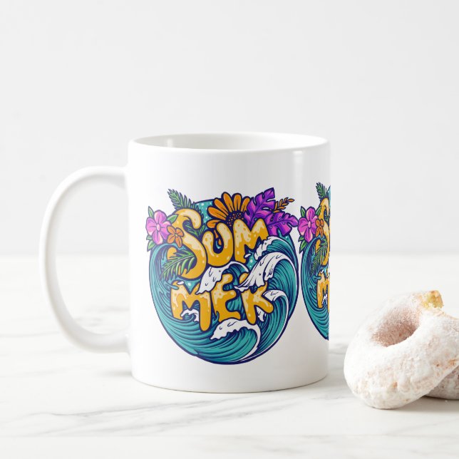 Summer Tropical Flowers Beach Ocean Waves  Coffee Mug (With Donut)