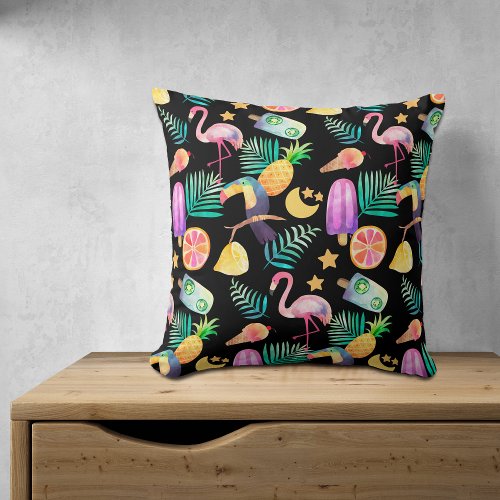 Summer Tropical Fun Pattern on Black Throw Pillow