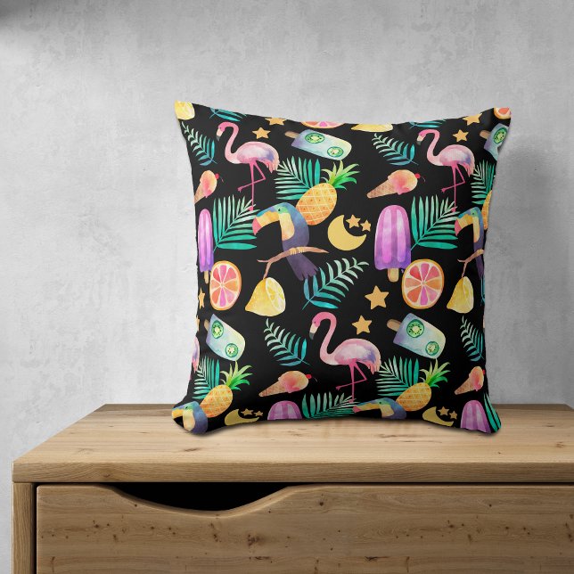 Summer Tropical Fun Pattern on Black Throw Pillow (Creator Uploaded)