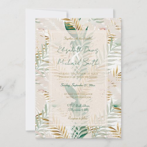 Summer Tropical Green Gold Palm Foliage Greenery Invitation