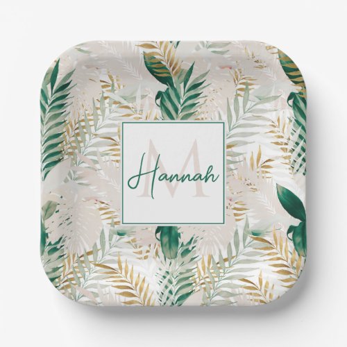 Summer Tropical Green Gold Palm Foliage Greenery Paper Plates