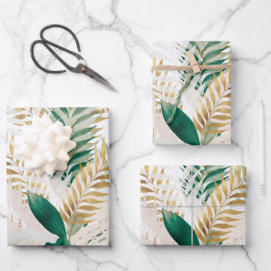 Summer Tropical Green Gold Palm Foliage Greenery Wrapping Paper Sheets
