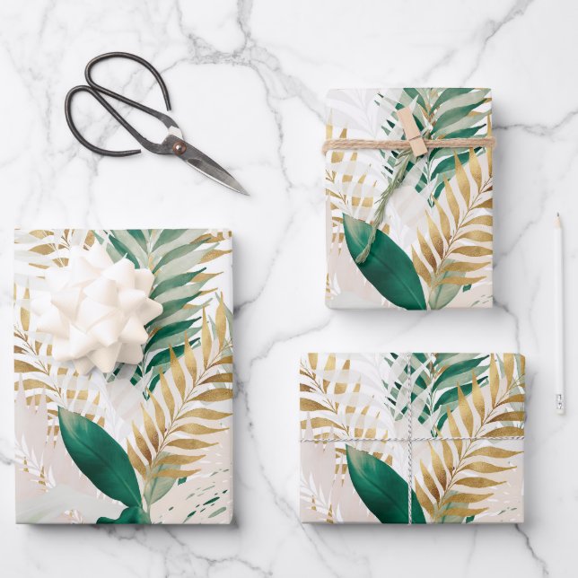 Summer Tropical Green Gold Palm Foliage Greenery Wrapping Paper Sheets (Front)