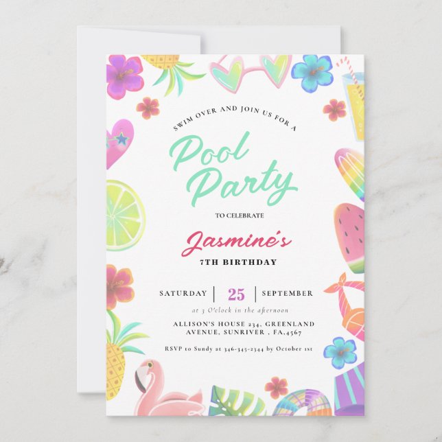 Summer Tropical Kids Pool Birthday Party Invitation (Front)