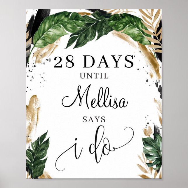 Summer tropical leaves floral gold countdown sign (Front)