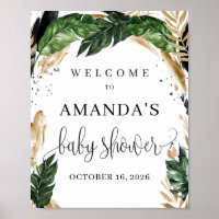 Summer tropical leaves gold baby shower welcome poster