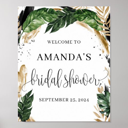 Summer tropical leaves gold bridal shower welcome poster