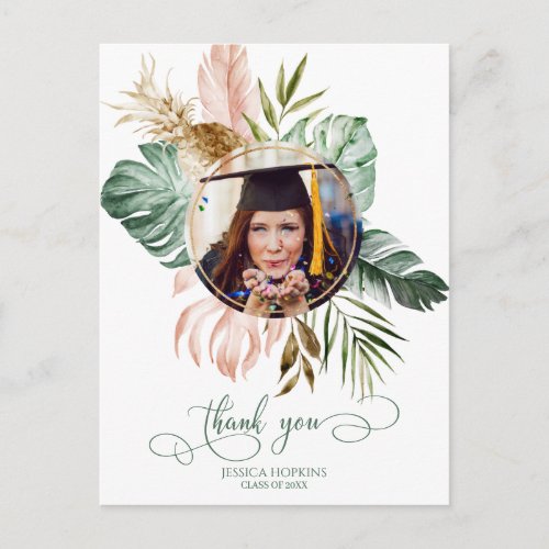 Summer Tropical Leaves Graduation Photo Thank You Postcard