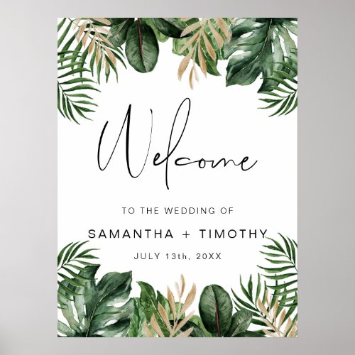 Summer Tropical Leaves Portrait Wedding Welcome  Poster