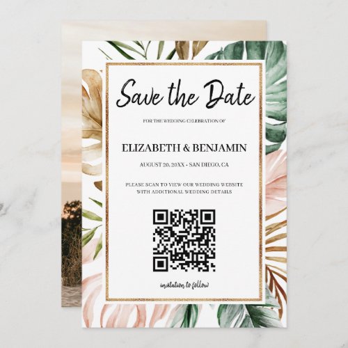 Summer Tropical Leaves QR Code Photo Save The Date