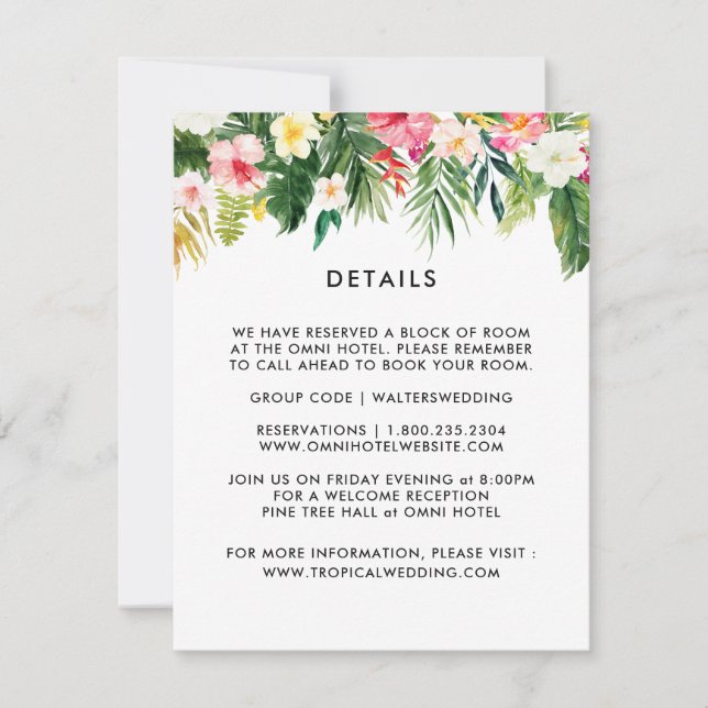 Summer Tropical Leaves Wedding Details Cards (Front)