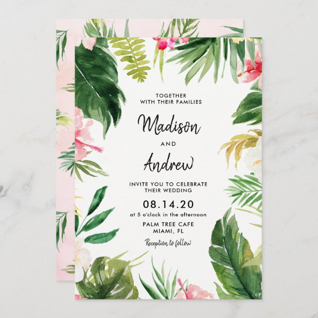 Summer Tropical Leaves Wedding Invitation Card (Front/Back)