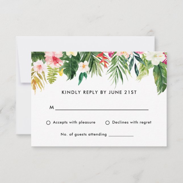 Summer Tropical Leaves Wedding RSVP reply Card (Front)