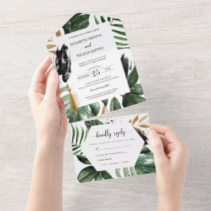 Summer Tropical Leaves Wedding with RSVP All In One Invitation